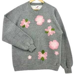 VTG Gray Floral Applique Raglan Sweatshirt HANDMADE SZ XL Made in USA Grannycore